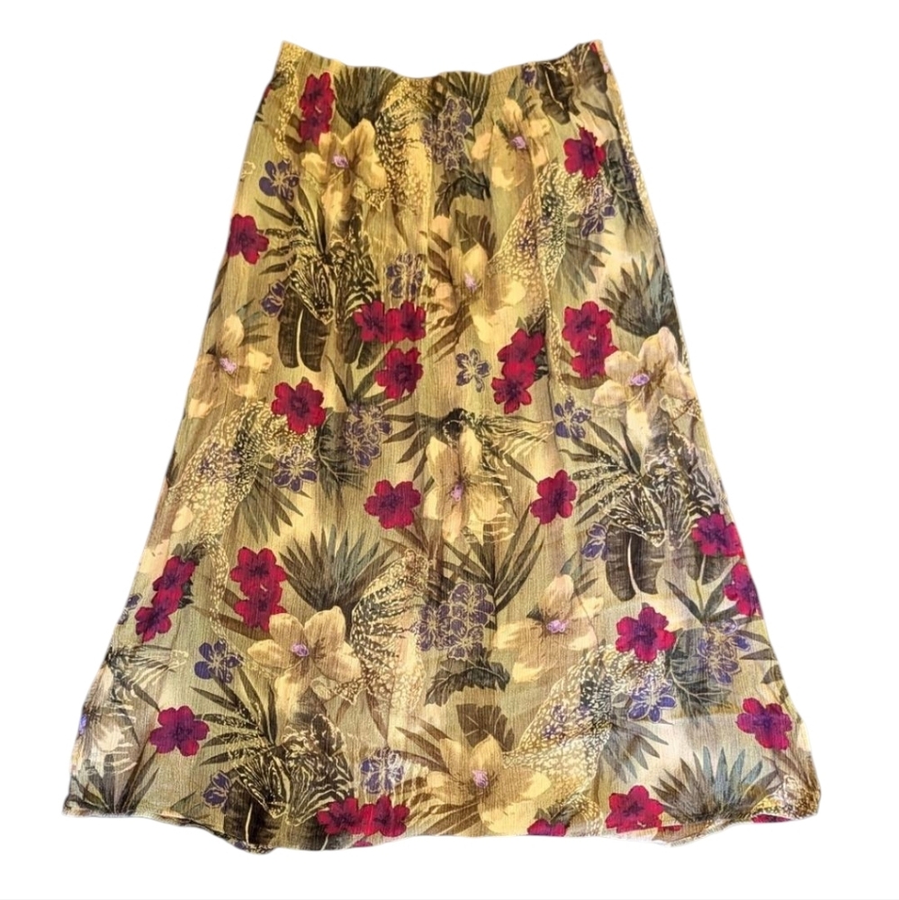 VTG Dressbarn Floral Midi Skirt Cream & Purple Tropical Boho Size M